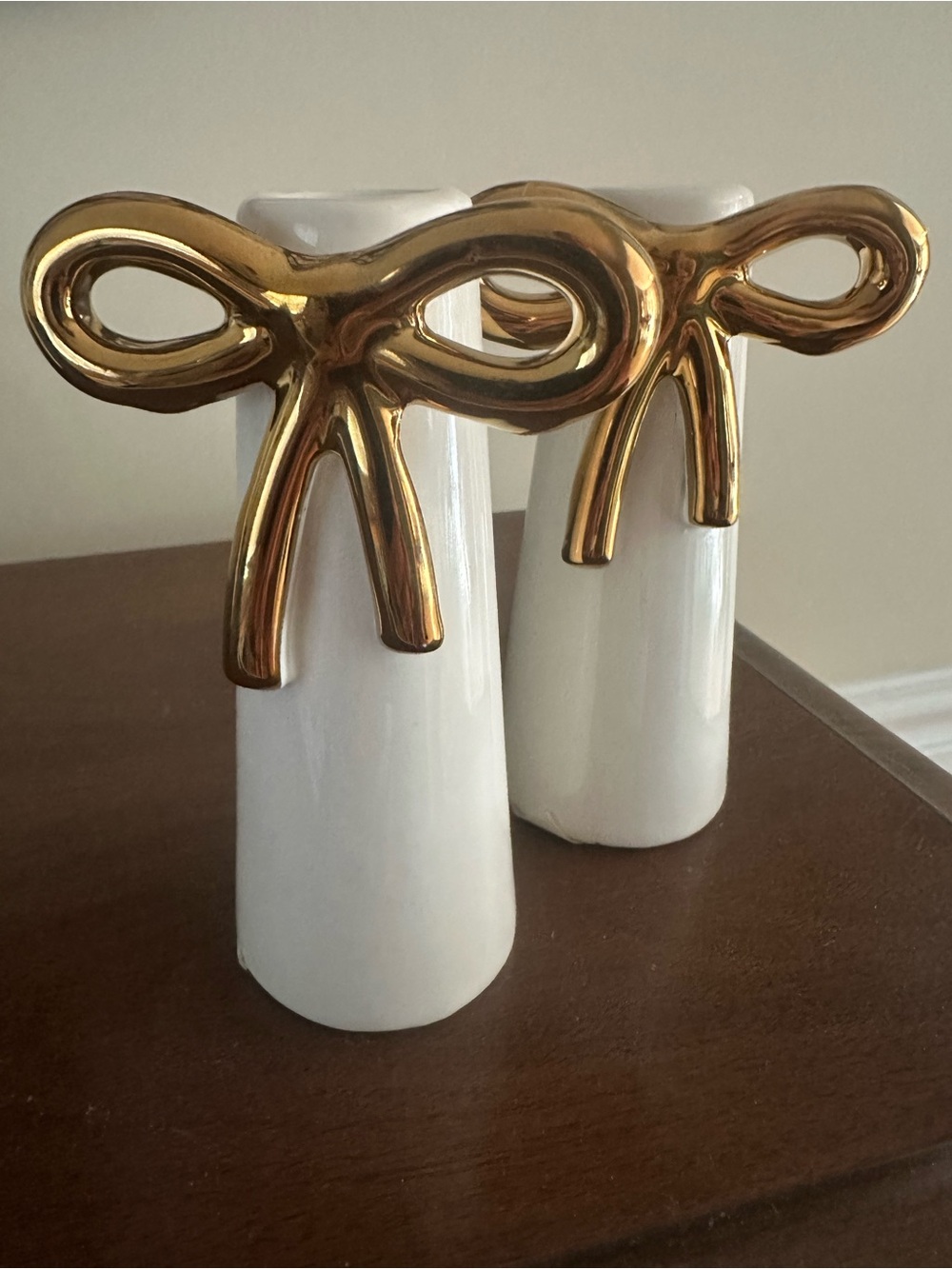 Gold Bow Accent White Ceramic Bud Vases
